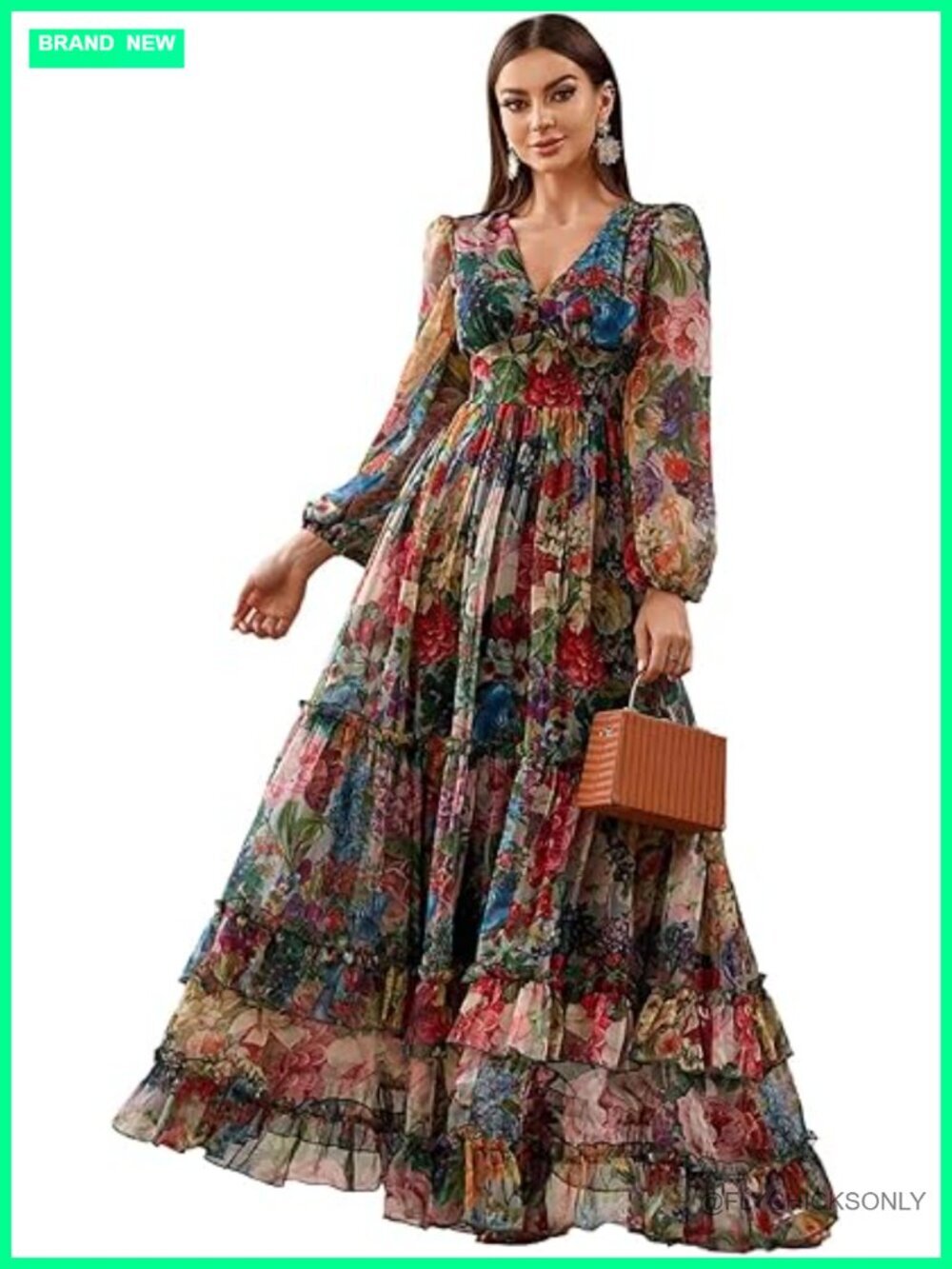 Boho Floral Print V Neck Long Sleeve Maxi Dress